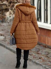 SHEIN LUNE Plus Fuzzy Trim Hooded Belted Padded Padded Coat Clothes Winter - Orange - View 2