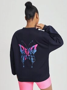 Sobokeboon Round Neck Long Women's Butterfly Print Sweatshirt - Navy Blue - View 3