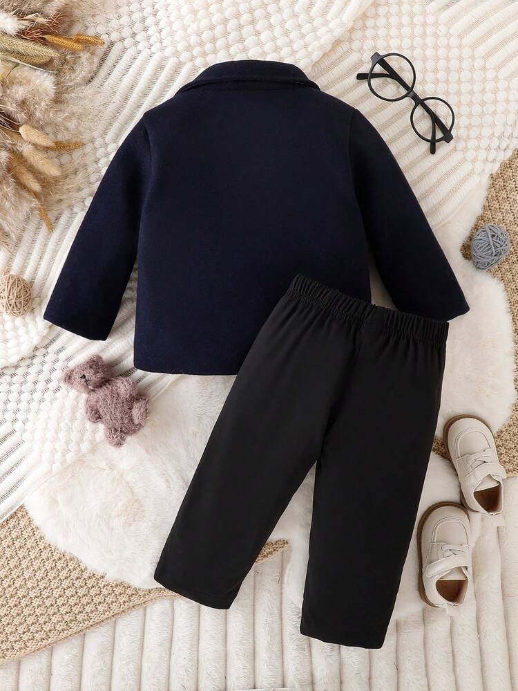 Baby Boys' Casual Vintage Woolen Jacket And Pants Set For Autumn And Winter