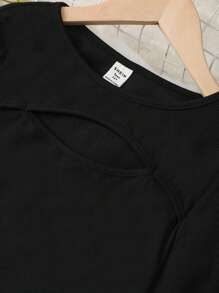 SHEIN 少女羅紋長袖上衣和迷彩褲,2 件/套,帶口袋,夏季 - 黑色 - 查看 5