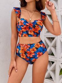 Swim Vcay 女士花卉印花荷叶边肩带比基尼套装夏季海滩 - 彩色 - 查看 4