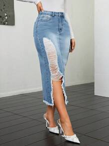 Women's Flap Pocket Distressed Frayed Hem Denim Skirt - Medium Wash - View 3