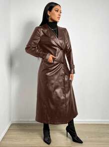 SHEIN x Carly Lawrence BamGleam 女士棕色仿皮风衣，秋冬季款 - 棕色 - 查看 4