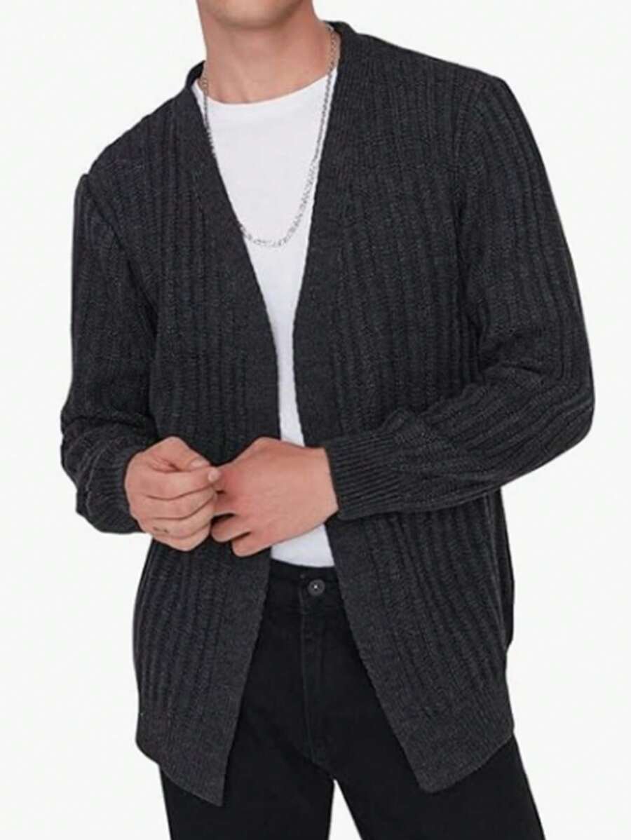 Manfinity Homme 男式大码纯色休闲设计开衫 - 深灰色 - 查看 1