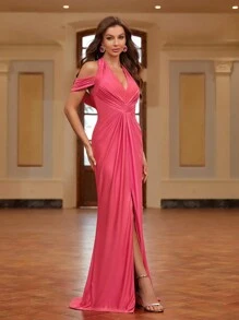 SHEIN Belle Pleated, Halter Off Shoulder, Ruched, High Slit, Mermaid Style Women'S Evening Dress (Heavy Duty) Evening Gown - Pink - View 1