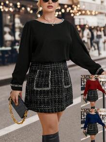 SHEIN Clasi Top con ribete en contraste y falda de tweed a cuadros - Blanco y Negro - Ver 1