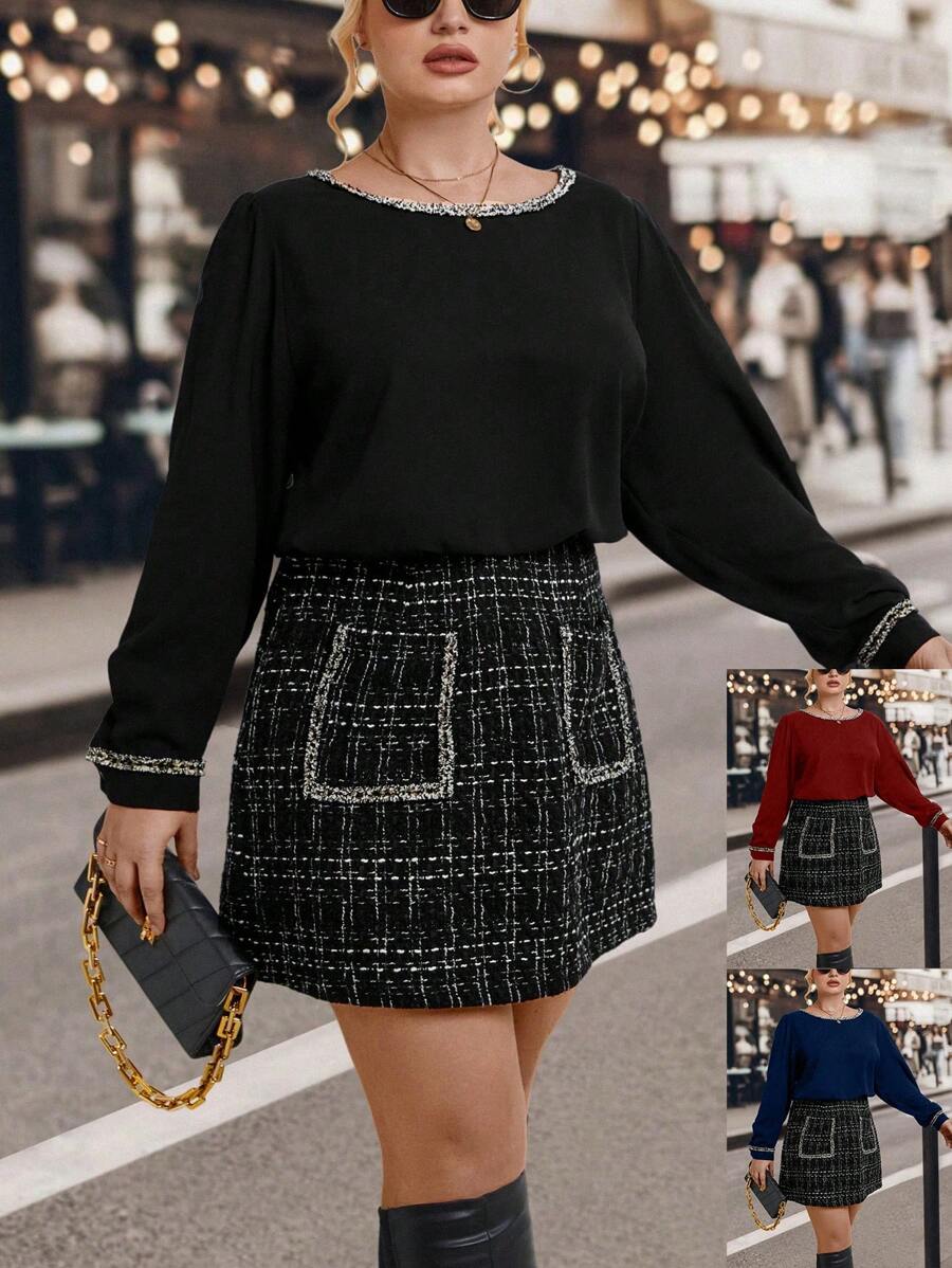 SHEIN Clasi Top con ribete en contraste y falda de tweed a cuadros - Blanco y Negro - Ver 1