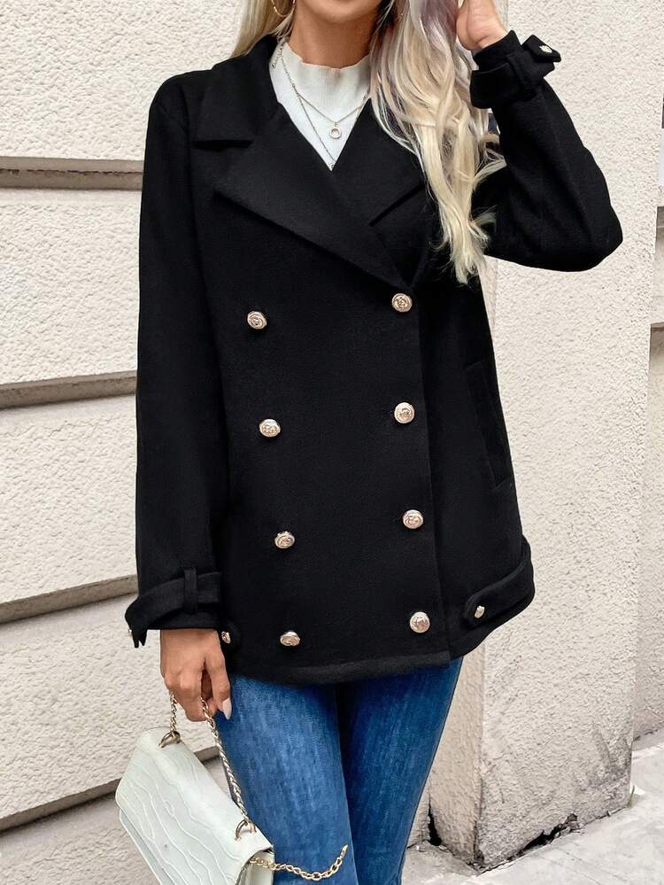 Women's Double-Breasted Woolen Coat With Lapel Collar Winter Black Casual