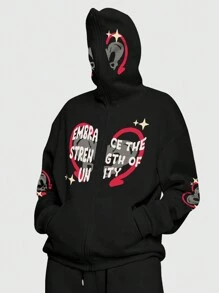 ROMWE MEN Street Life 男士字母&圖案拉鏈連帽衫 - 黑色 - 查看 1