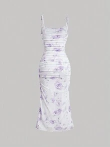 SHEIN MOD 紫玫瑰扎染鱼尾夏季花卉印花褶饰吊带连衣裙，薰衣草色连衣裙