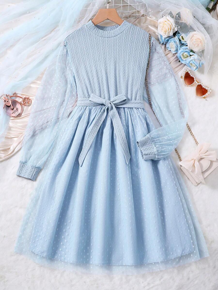 Thiếu niên Cô gái Đan Dệt hoa Chấm bi Lưới Đầm - Màu xanh lam - Xem 1