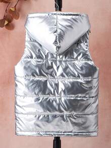 SHEIN Áo vest mùa đông có mũ trùm đầu phía trước của Tween Girls - Bạc - Xem 2