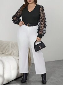 SHEIN Privé Kích thước lớn Lưới Nối Bướm đính Áo thun - màu đen - Xem 6