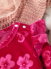 女婴压纹天鹅绒圆领盖袖运动衫和裤子套装，秋冬季时尚街头风格优雅派对装 - 玫紅色 - 查看 6