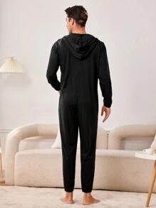 Men's Letter Print Hooded Homewear Jumpsuit - Black - View 6