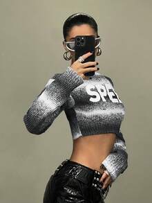SHEIN ICON 字母印花漸變超短束身毛衣 - 灰色 - 查看 4