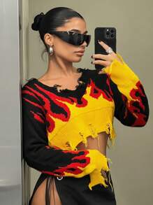 SHEIN ICON Fall Clothes Women Fire Pattern Distressed Crop Sweater,Long Sleeve Tops - Black - View 2