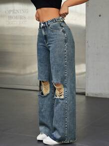 SHEIN ICON Pantalones De Pierna Ancha De Mezclilla - Azul lavado oscuro - Ver 3