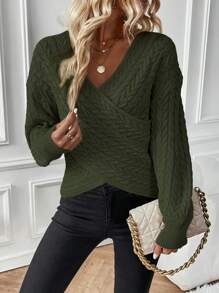 SHEIN Essnce Women's Solid Color Cable Knit V-neck Sweater - Army Green - View 4