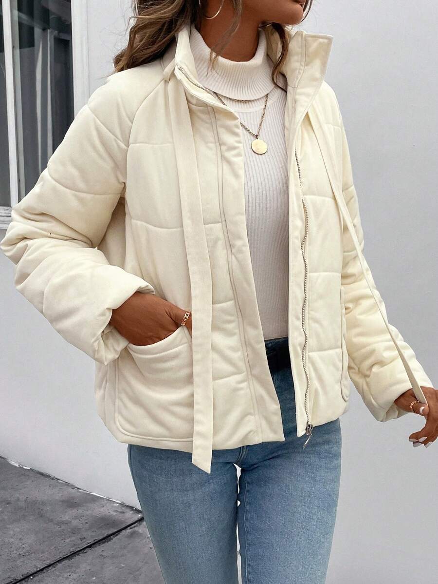 SHEIN LUNE Women's Zipper Closure Diamond Print Winter Clothes Padded Padded Coat - Beige - View 1