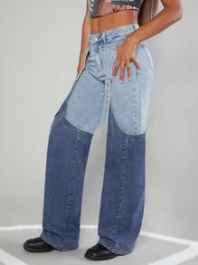 Modische Patchwork Jeans Mit Geradem Bein Für Damen - Mittele Waschung - Übersicht 5