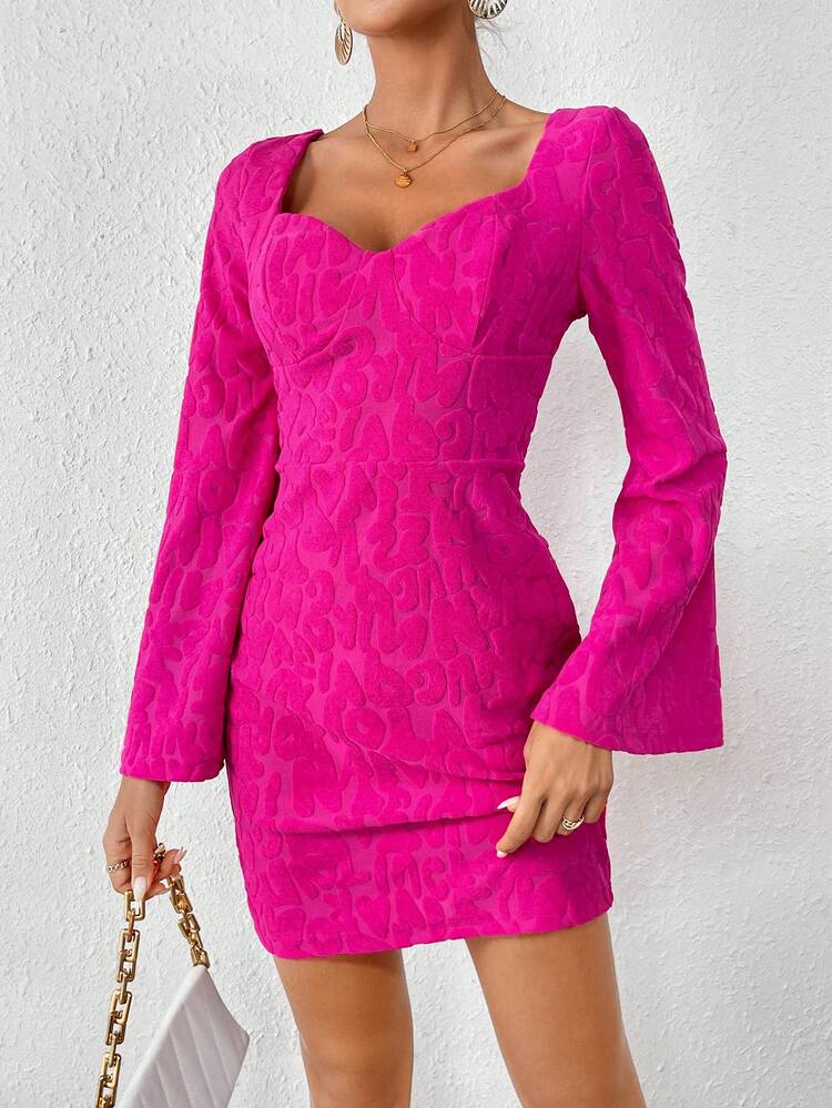 Women's A-line Dress With Lantern Sleeves, Embossed Letter Detail And Sweetheart Neck