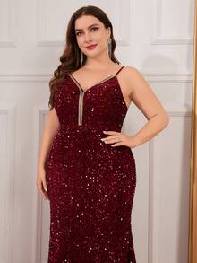 大码亮片装饰晚礼服（重饰） - 酒紅色 - 查看 4