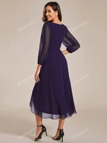 Elegant V-Neck Lantern Sleeve Wedding Guest Dress, Bridesmaid Dress