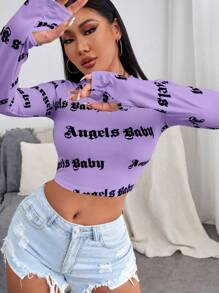 Hanevo Letter Print Cropped T-Shirt Graphic Tees Women Tops - Purple - View 6