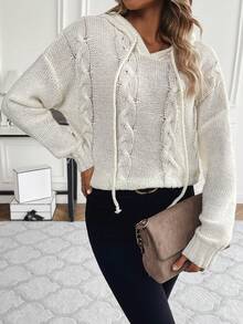 SHEIN Essnce Xoắn Dan Thả vai Dây rút áo có mũ Áo len - Màu be - Xem 3