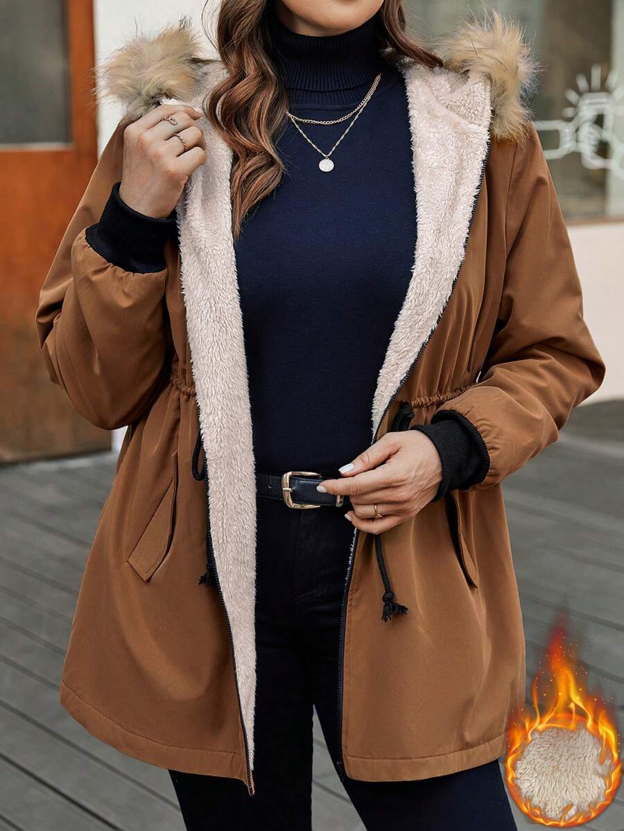 SHEIN LUNE Plus Letter Patched Detail Drawstring Waist Fuzzy Trim Hooded Thermal Parka Coat - Brown - View 1