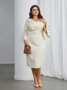 SHEIN Privé Plus Size Elegant Fitting Cross Front Ruffle Sleeve Dress Church Dress - Beige - View 4