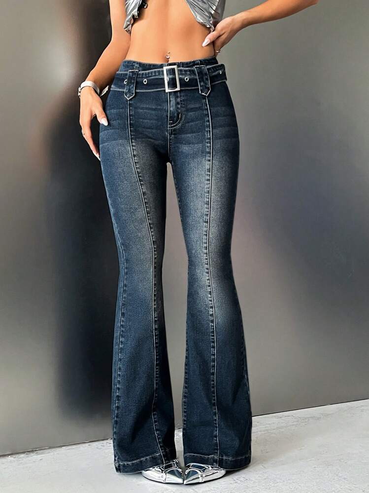 SHEIN ICON Jeans Acampanados Con Cinturón De Corte Bajo