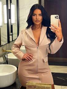 SHEIN SXY 女性新年修身簡約風前拉鍊休閒西裝外套 - 卡其色 - 查看 6