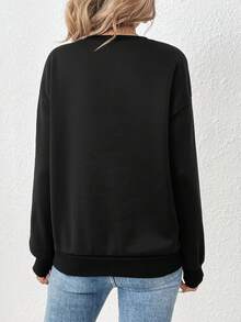 SHEIN LUNE Lỏng lẻo phù hợp Vòng cổ Áo nỉ Với In Khẩu hiệu Và Thả vai - màu đen - Xem 2