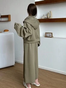 DAZY 女士拉鍊前開放肩連帽夾克和裙子套裝 - 綠色 - 查看 2