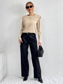 SHEIN Essnce Women's Plain Shoulder Padded T-shirt - Khaki - View 6