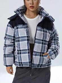 SHEIN EZwear Women's Plaid Hooded Padded Coat - Multicolor - View 3