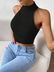 SHEIN Essnce 女款短菱形圖案針織上衣 - 黑色 - 查看 4