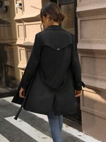 SHEIN Clasi 雙排扣西裝領帶帶風衣 - 黑色 - 查看 2