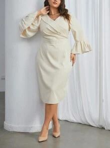 SHEIN Privé Plus Size Elegant Fitting Cross Front Ruffle Sleeve Dress Church Dress - Beige - View 6