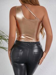 SHEIN Allurite 女士不對稱領褶皺金屬面料上衣 - 金色 - 查看 2