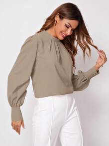 SHEIN Clasi Blusa Con Cuello Alto, Pliegue En La Parte Posterior Y Cerrada Con Llave - Caqui - Ver 5