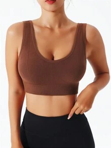 Yoga Basic Solid Ribbed Knit Sports Bra - بني - مشاهدة 4
