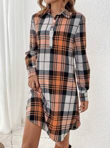 SHEIN LUNE Women's Plaid Half-button Front Open Collar Dress - Multicolor - View 3