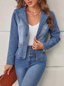 SHEIN LUNE Áo khoác denim Với Cổ bẻ - Màu xanh lam - Xem 1