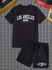 Manfinity Homme 男士休闲字母印花短袖T恤和短裤套装，外出运动服，男友礼物 - 黑色 - 查看 2