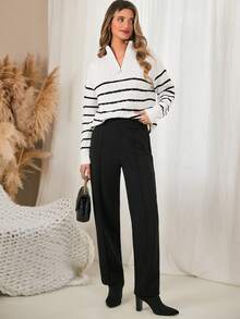 SHEIN Frenchy Striped Zipper Half Placket Sweater - Black and White - View 6