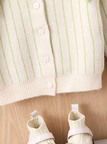 SHEIN Girls Striped Large Lapel Cardigan - Green - View 3