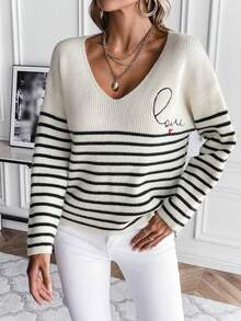 SHEIN Frenchy 條紋字母刺繡下擺放肩毛衣 - 黑色 - 查看 6